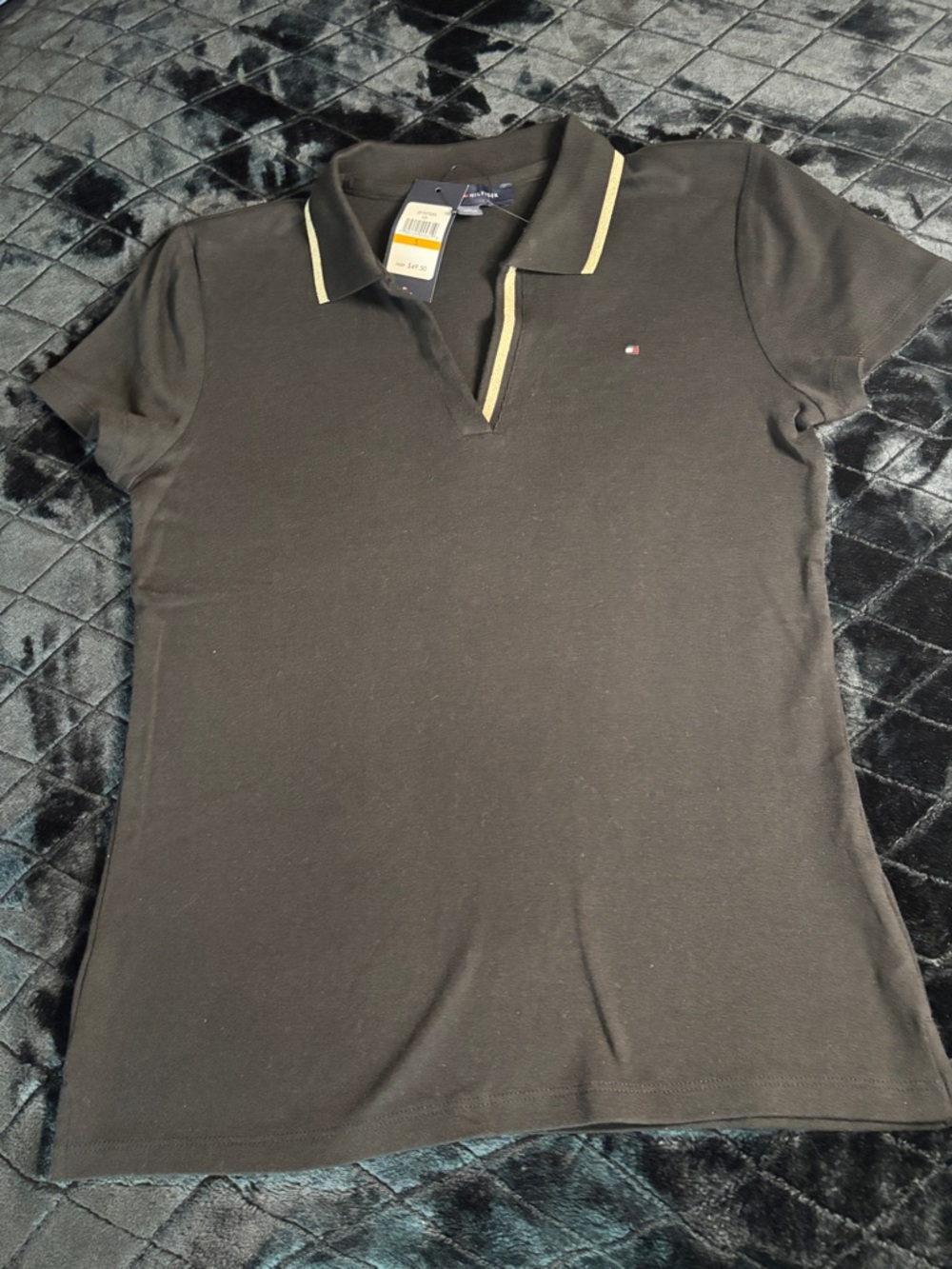Tommy Hilfiger Black Polo Crop Top with Yellow Trim